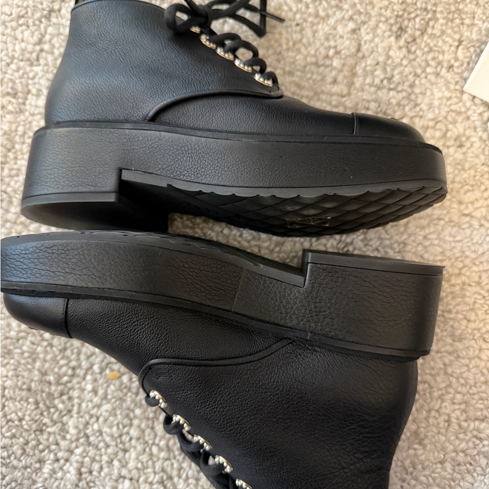 CHANEL Black Leather Lace-Up Platform Boots with Logo Cap - Picture 11 of 14